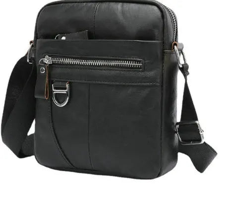 Genuine leather retro messenger bag 8 inch cowhide shoulder crossbody for men black solid colour