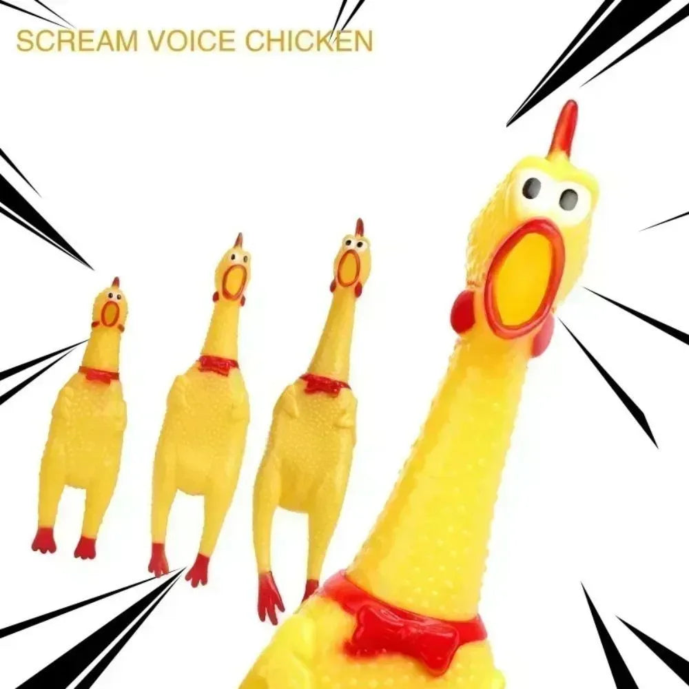 Yellow rubber screaming chicken dog squeak chew toy shown in small, medium, and large sizes.