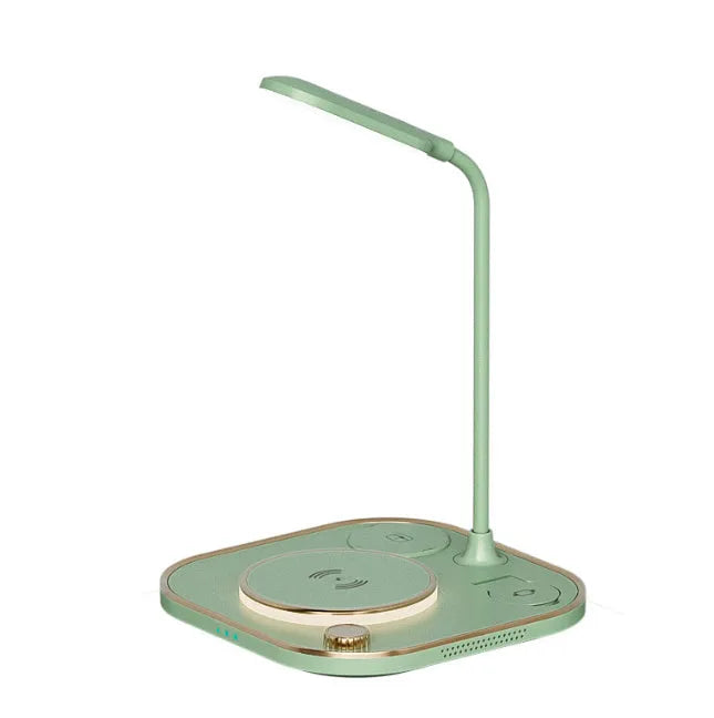 Black wireless charging desk lamp with 15W fast charging capability showing multiple device charging