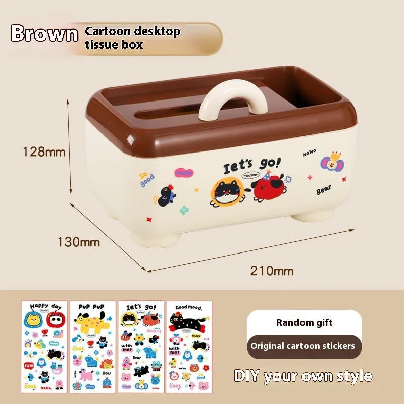 Red and brown cartoon-style desktop storage organiser with grid pattern and sticker set for labelling.