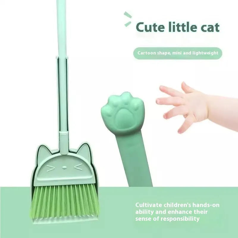 Purple plastic broom and dustpan set with non-stick rotating brush head and upright storage holder.