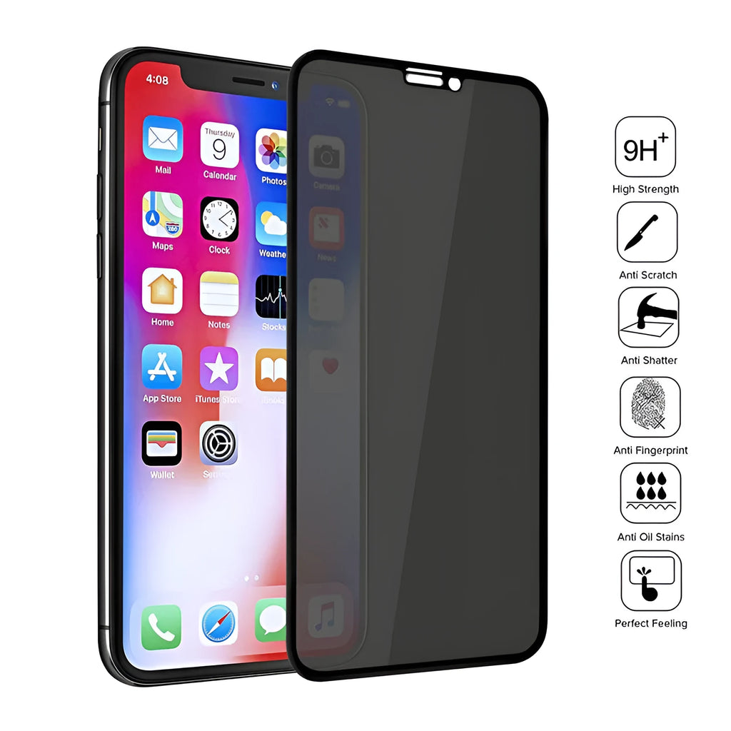Black anti-peeping tempered glass screen protector for iPhone showing HD clarity