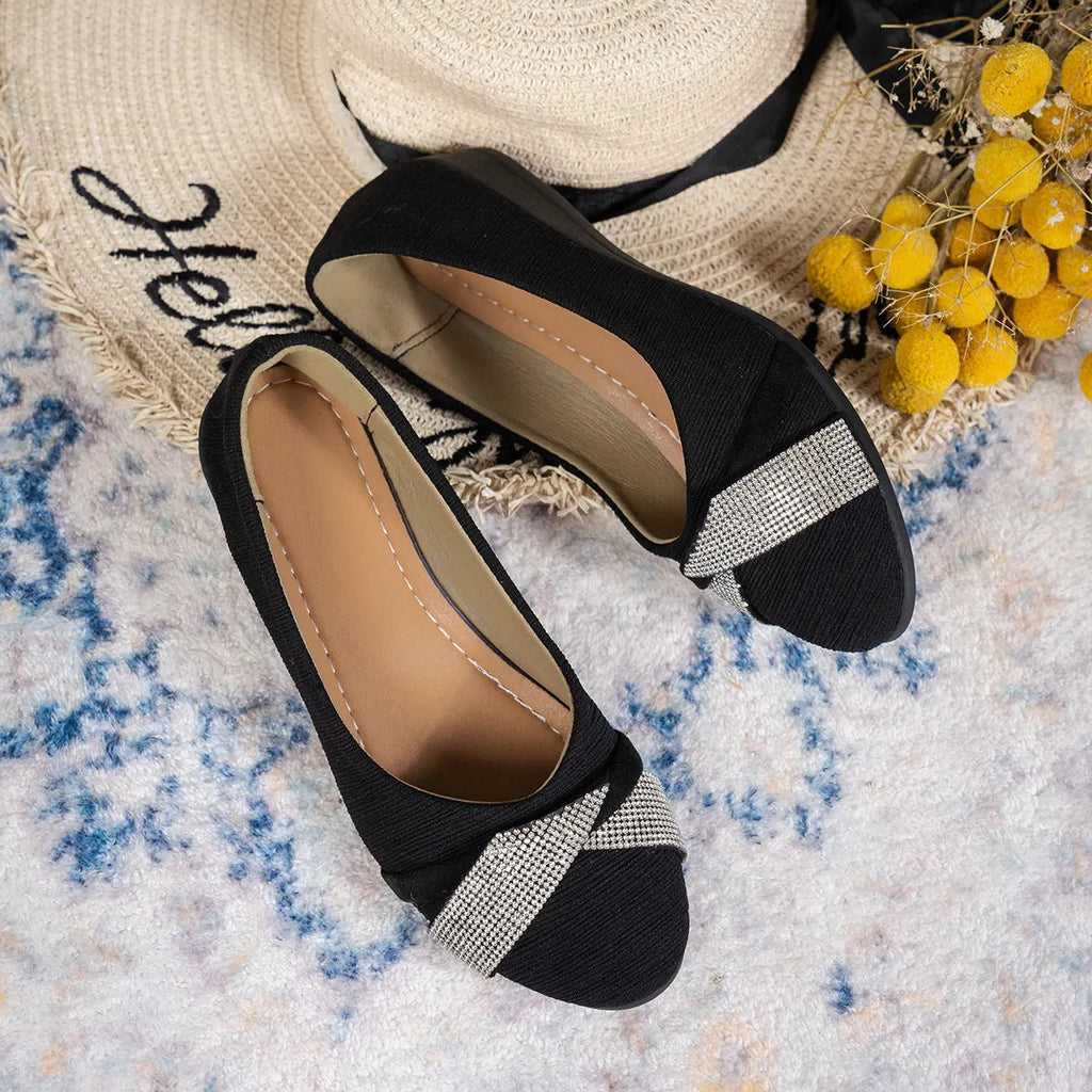 Black women's casual slip-on shoes with rhinestone decoration on fabric upper and chunky heels