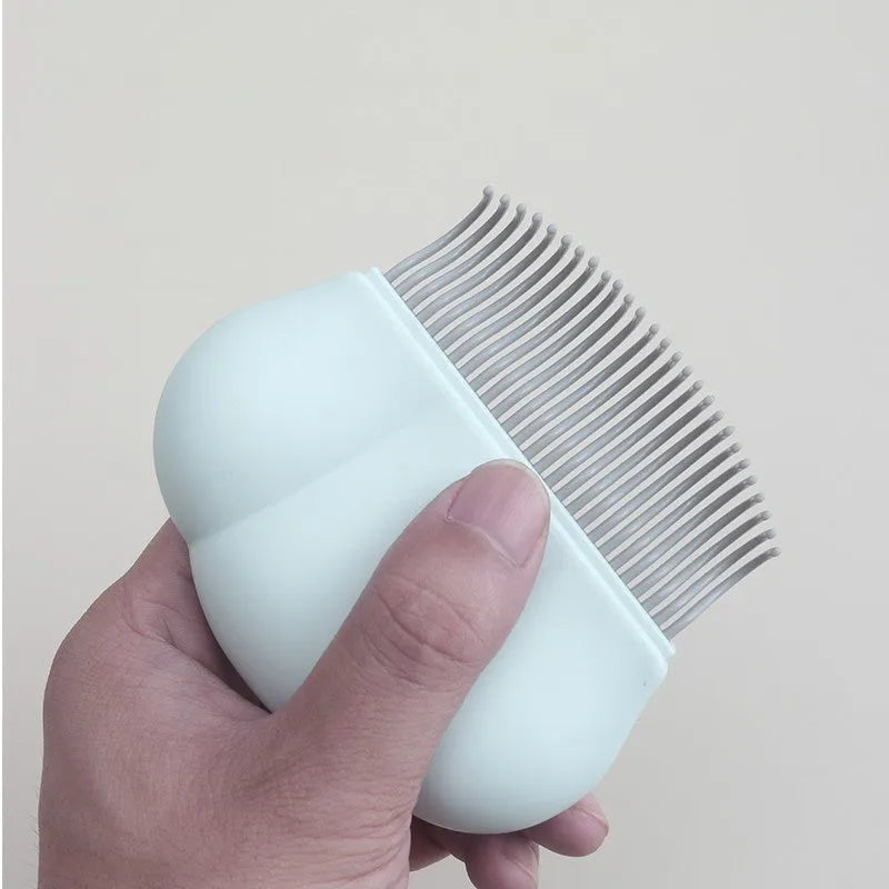 Blue deshedding brush for pets on a white background, showing its 9x9cm size.