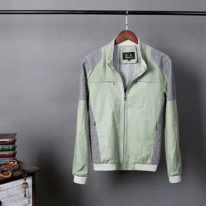 Men's thin plus-size linen jacket in heather grey, grass green, or blue.