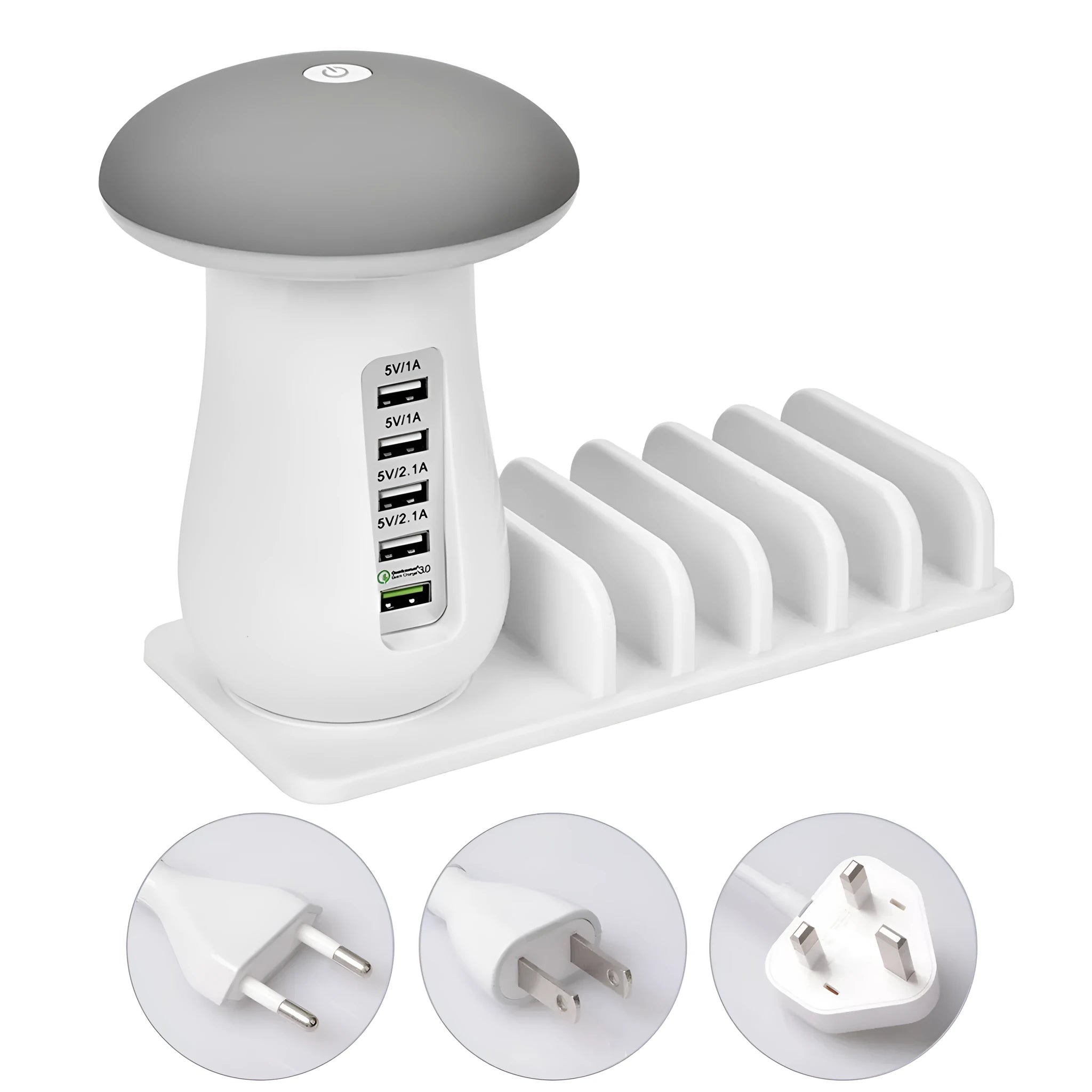 Besegad mushroom-shaped USB charging station with five ports and white LED light
