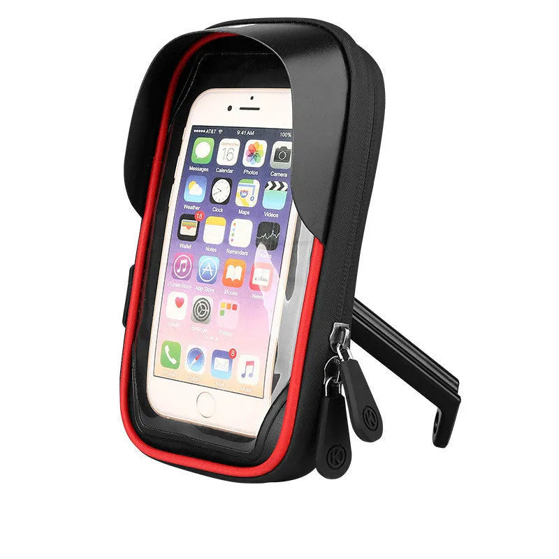 Black TPU mobile phone stand mounted on a bicycle handlebar, showing the waterproof zipper.