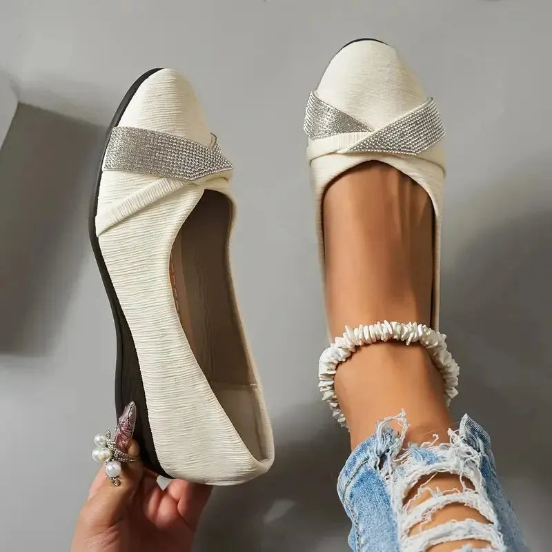 Black women's casual slip-on shoes with rhinestone decoration on fabric upper and chunky heels