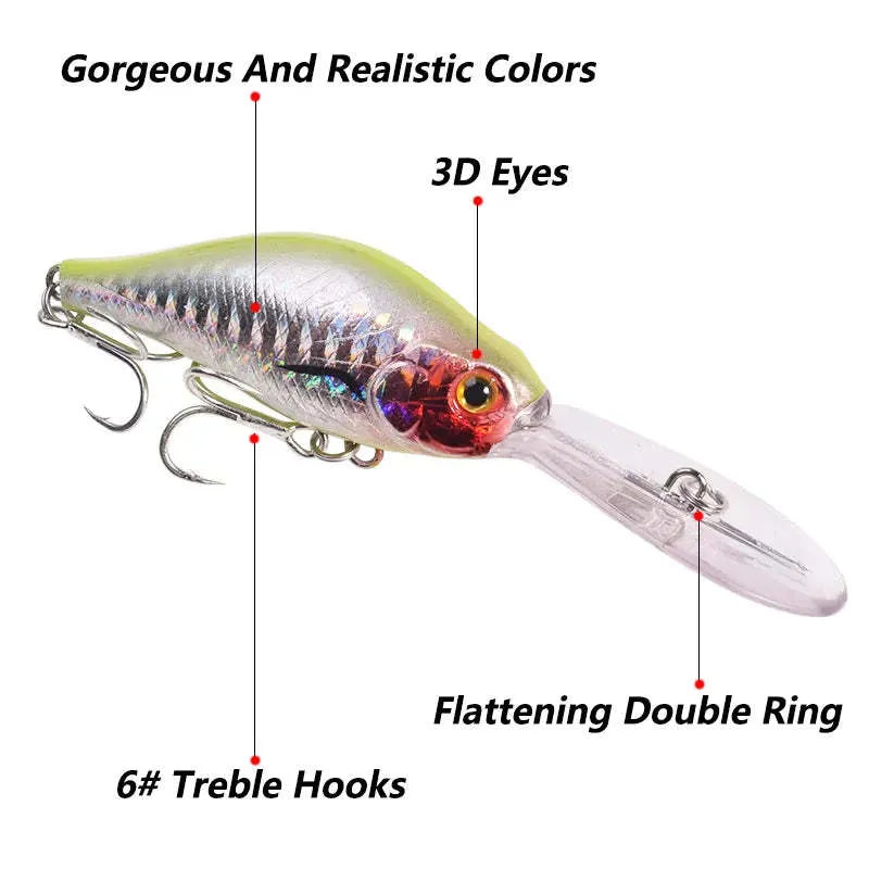 Floating Rock Little Fat Man deep diving mino fishing lure, 10.5cm long with treble hooks.