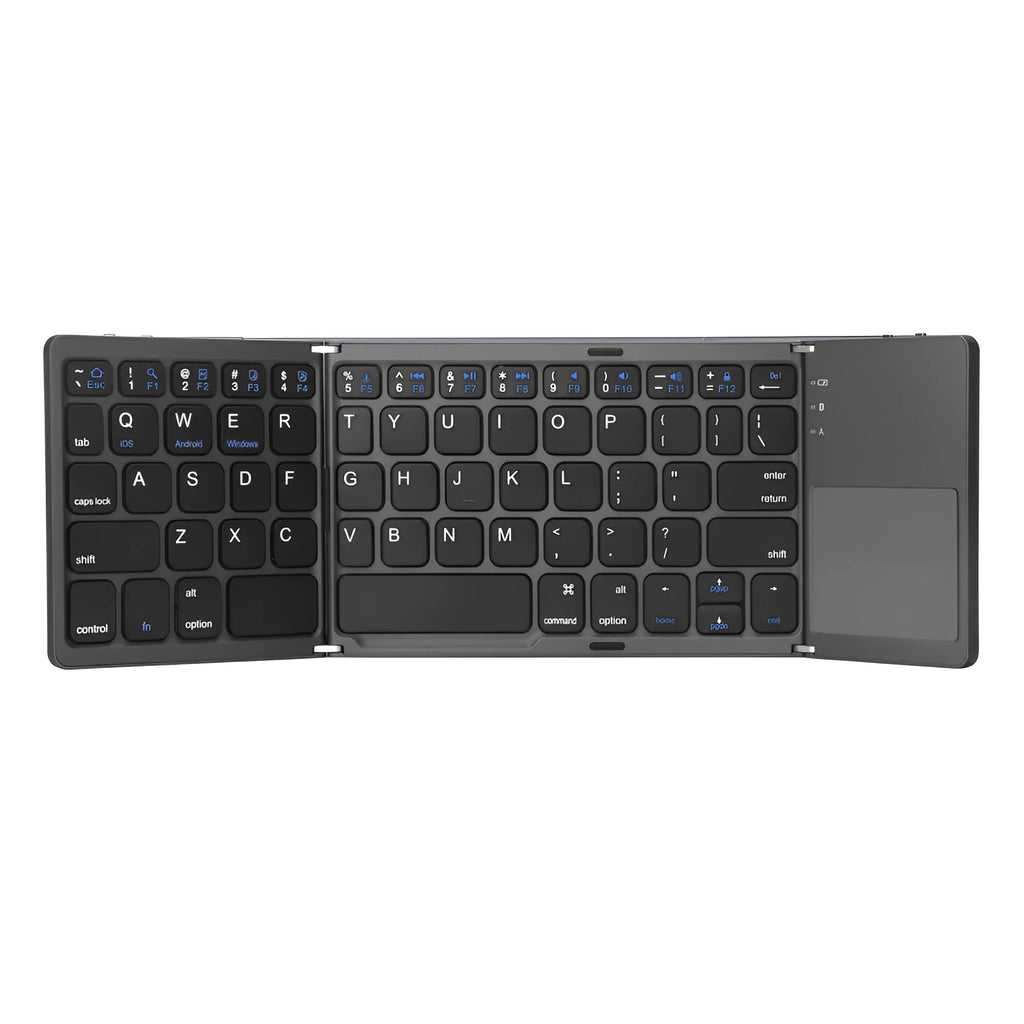 Black tri-fold folding Bluetooth keyboard with touchpad, shown both folded and unfolded.