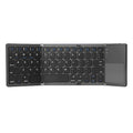 Black tri-fold folding Bluetooth keyboard with touchpad, shown both folded and unfolded.