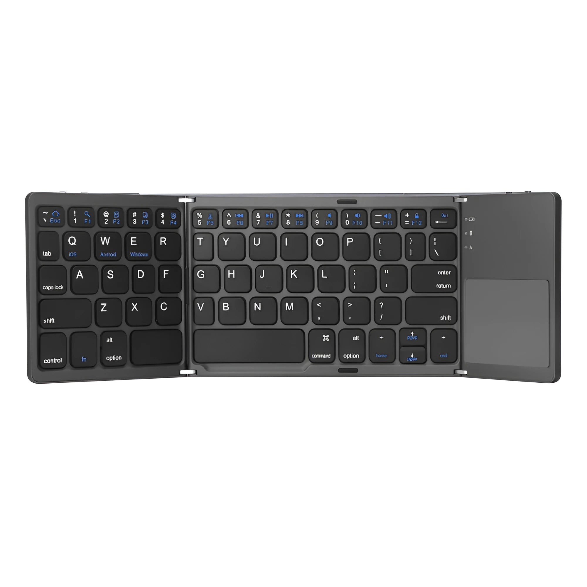 Black tri-fold folding Bluetooth keyboard with touchpad, shown both folded and unfolded.