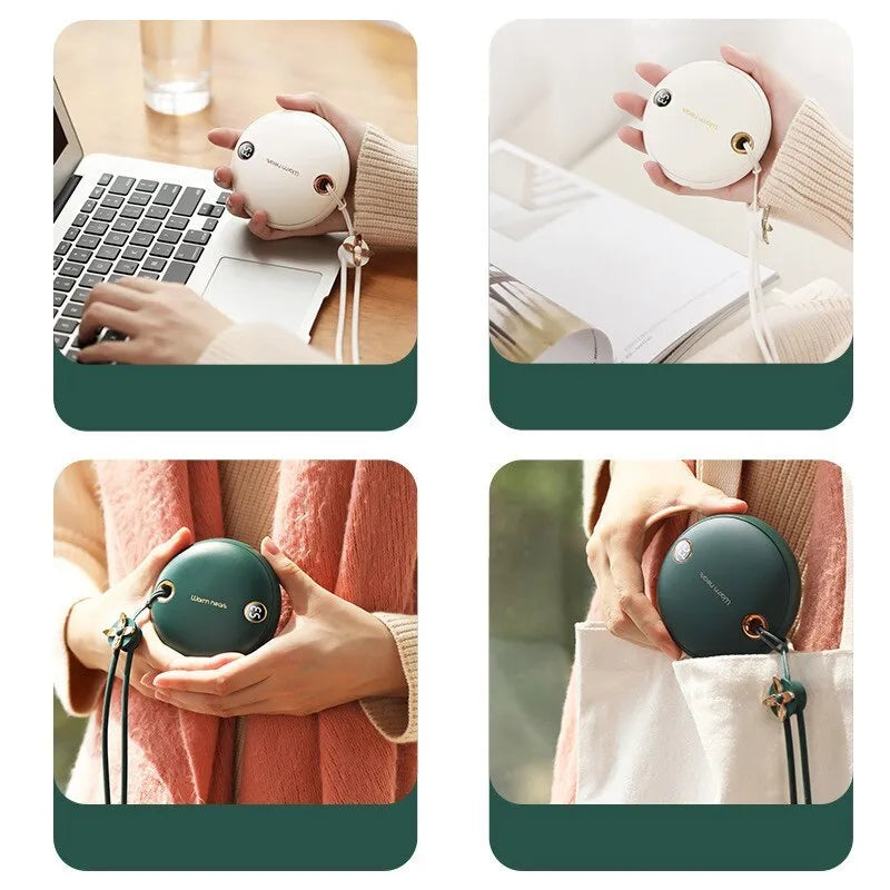 Green hand warmer power bank with digital display showing battery percentage, next to charging cable