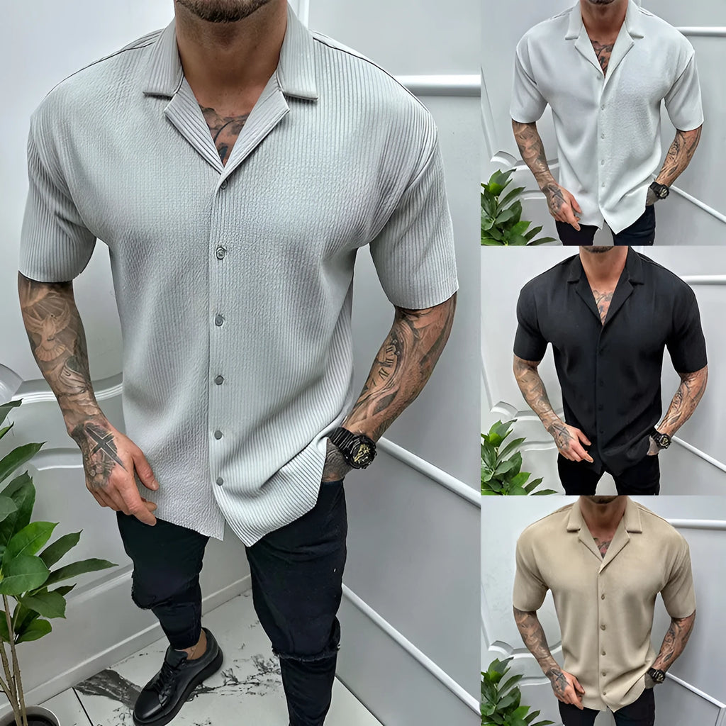 Men's cotton blend short sleeve cardigan in solid colour, front view, available in black