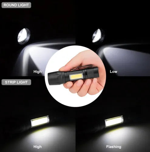 Black aluminium alloy telescopic LED torch with clip, showing extended and retracted zoom positions
