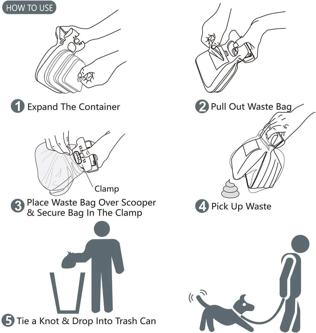 Blue portable handheld dog pooper scooper with expandable waste container and carabiner clip.