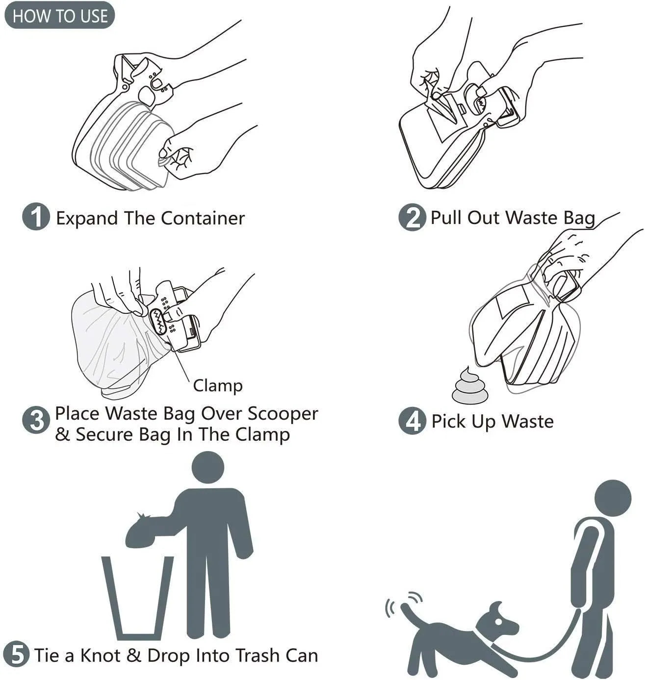 Blue portable handheld dog pooper scooper with expandable waste container and carabiner clip.