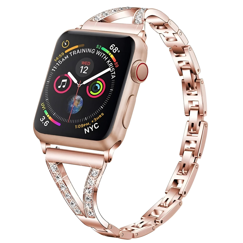 Stainless steel Apple Watch strap with diamond studs in five colour options.
