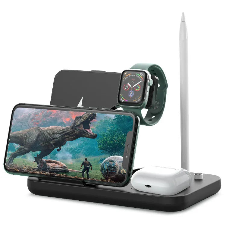 Black wireless charger pad with phone, watch, and headset placements