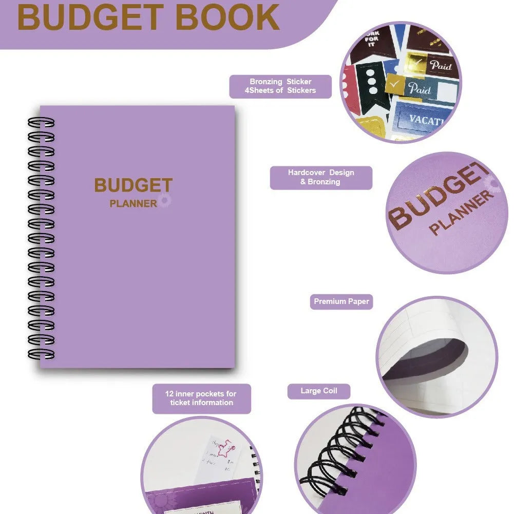 Purple A6 coil-bound budget notebook with pen and financial planning accessories