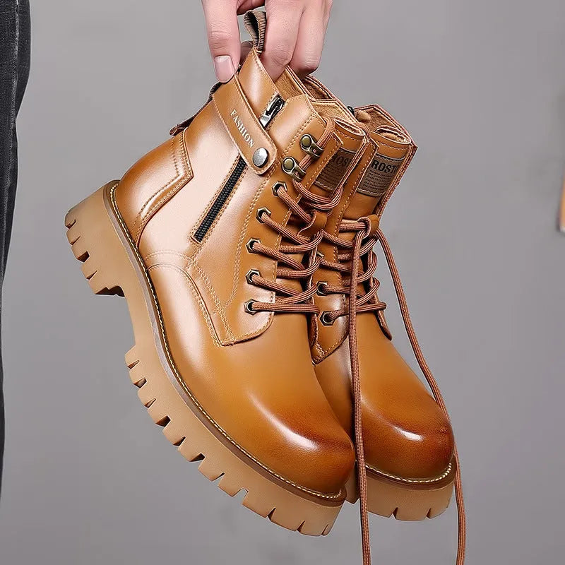 Men's light brown high-top Martin boots with side zipper and thick rubber sole
