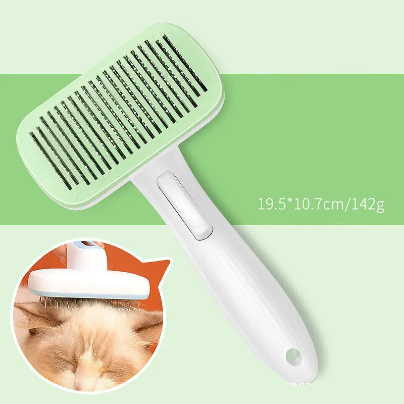 Automatic pet hair removal comb for dogs and cats in blue, grey, green, or pink with one-click needle technology