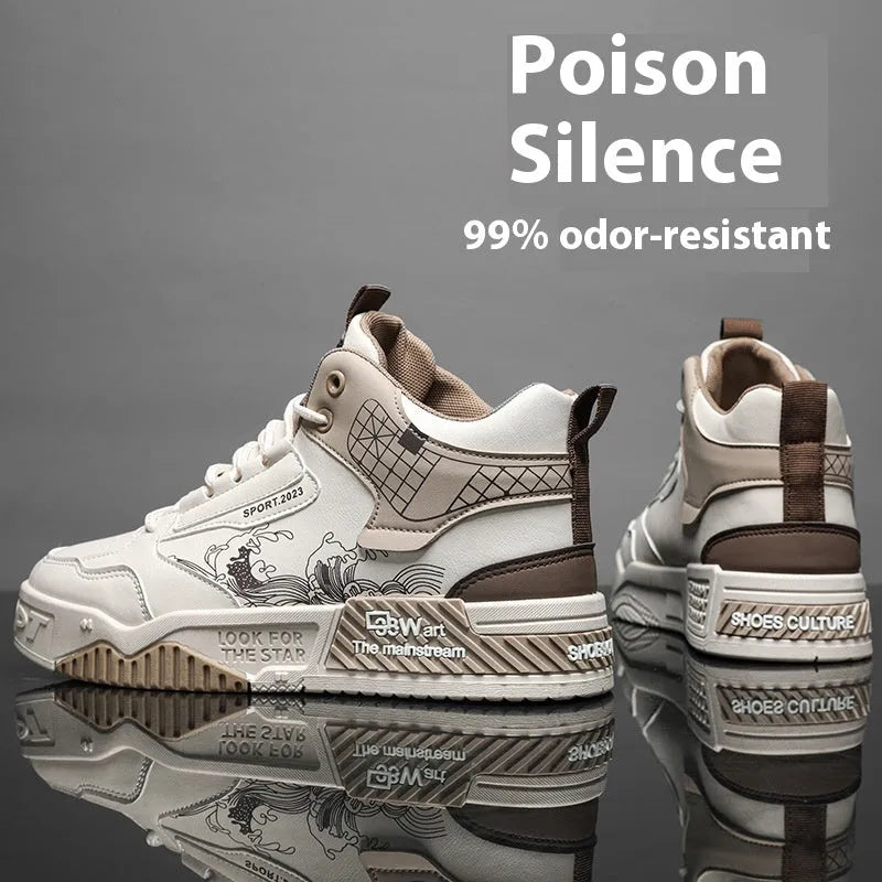 Men's beige high-top board shoes with mesh lining and rubber sole