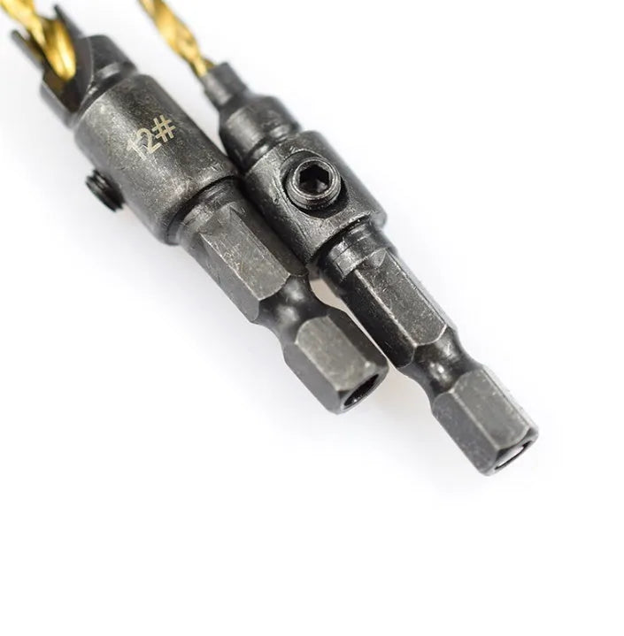 5-piece titanium-plated hexagon shank woodworking countersink drill set with sizes 5 6 8 10 12 mm and small wrench