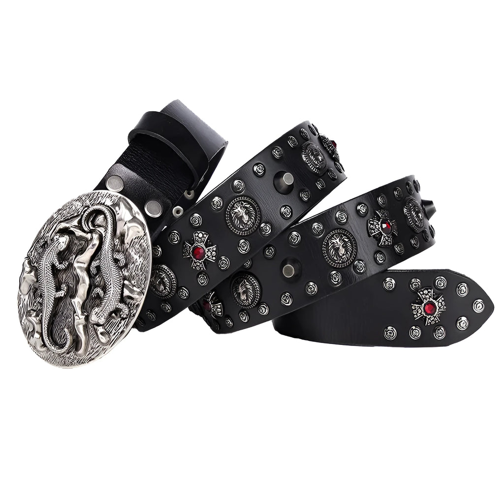 Men's genuine leather belt with punk rivets and alloy buckle in a retro colour