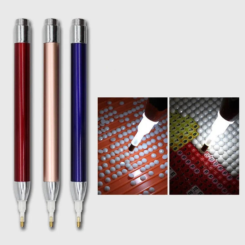 Aluminium alloy diamond painting drill pen with luminous tip in gold, red or blue colour options