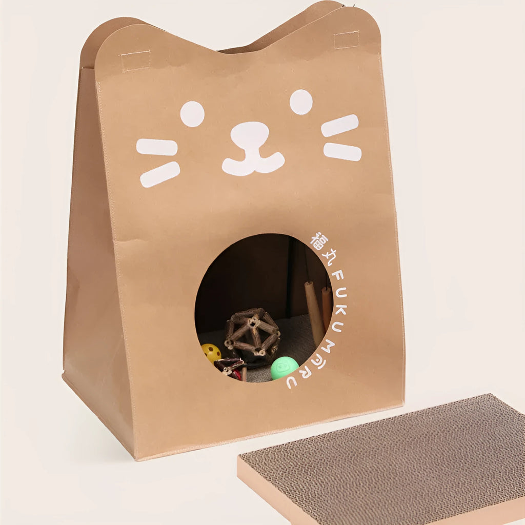 Brown cat nest paper bag with integrated scratch board and cardboard tunnel, dimensions 40cm by 30cm by 53cm.