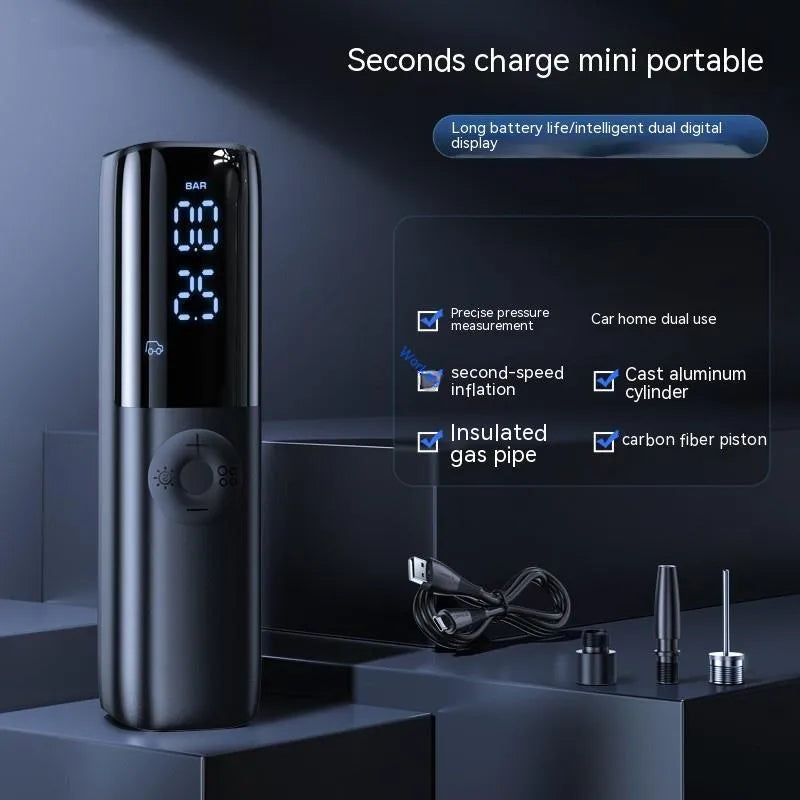 Black portable electric vehicle air pump with integrated pressure gauge and ABS construction