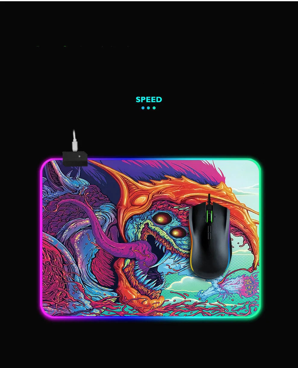 Symphony gaming light-emitting mouse pad with RGB illumination on a desk, 300x600x4mm size option