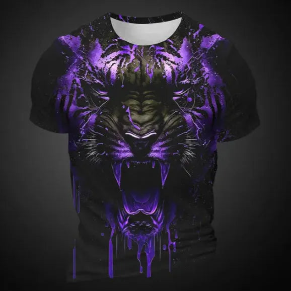 Men's 3D tiger pattern short sleeve T-shirt in lightweight polyester fabric.