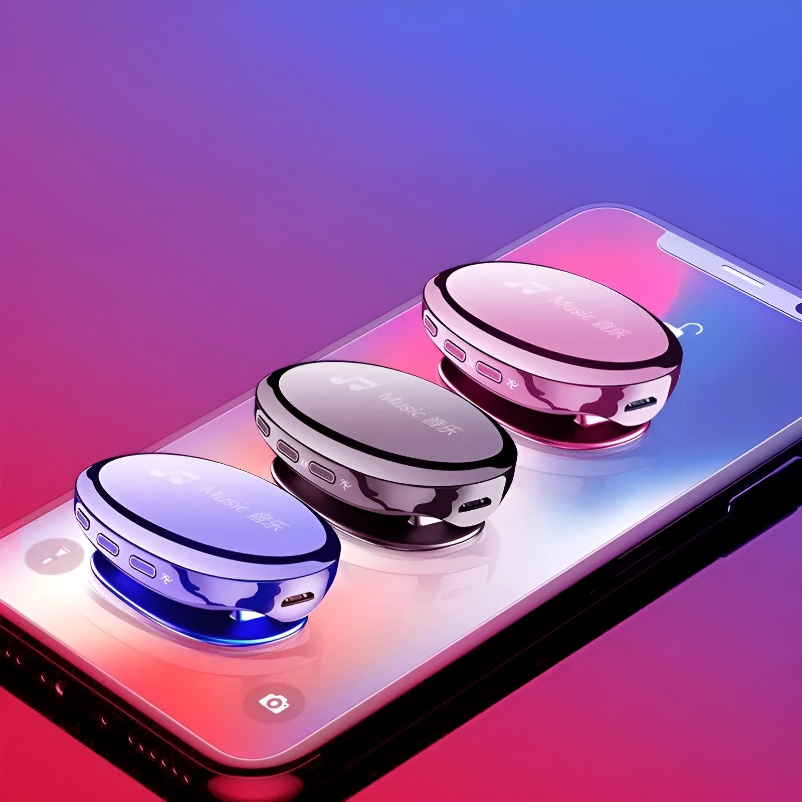 Black, blue, or rose gold portable Bluetooth MP4 music player with OLED screen and push buttons.