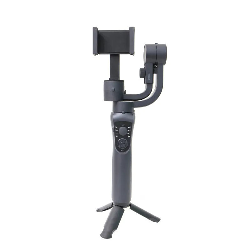 Black three-axis handheld gimbal stabilizer for mobile phones showing PTZ mechanism.
