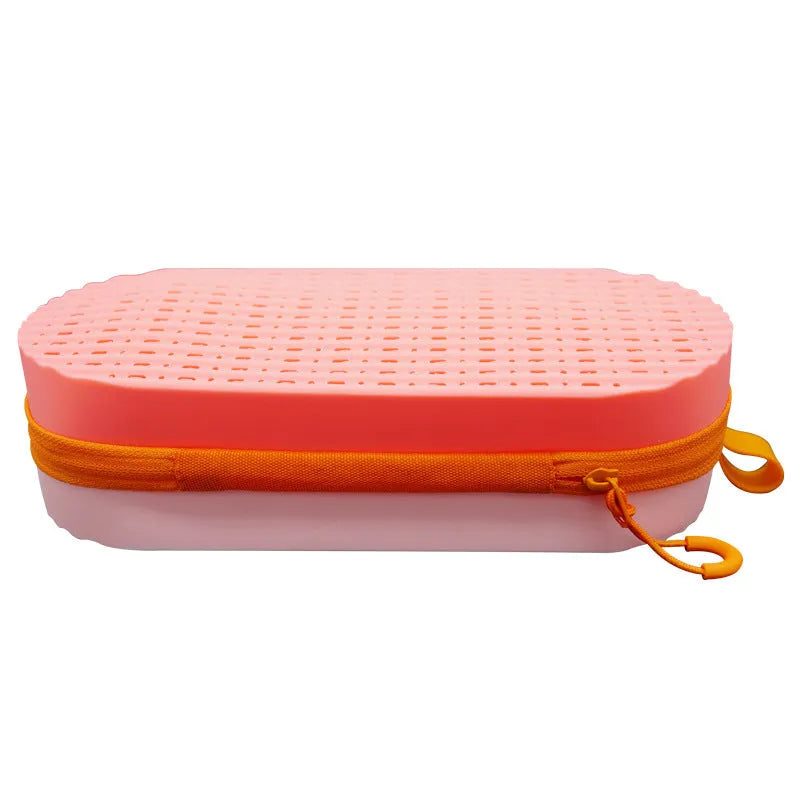 Silicone glasses case in multiple colours, showing long hand shape and scale next to a pair of spectacles.
