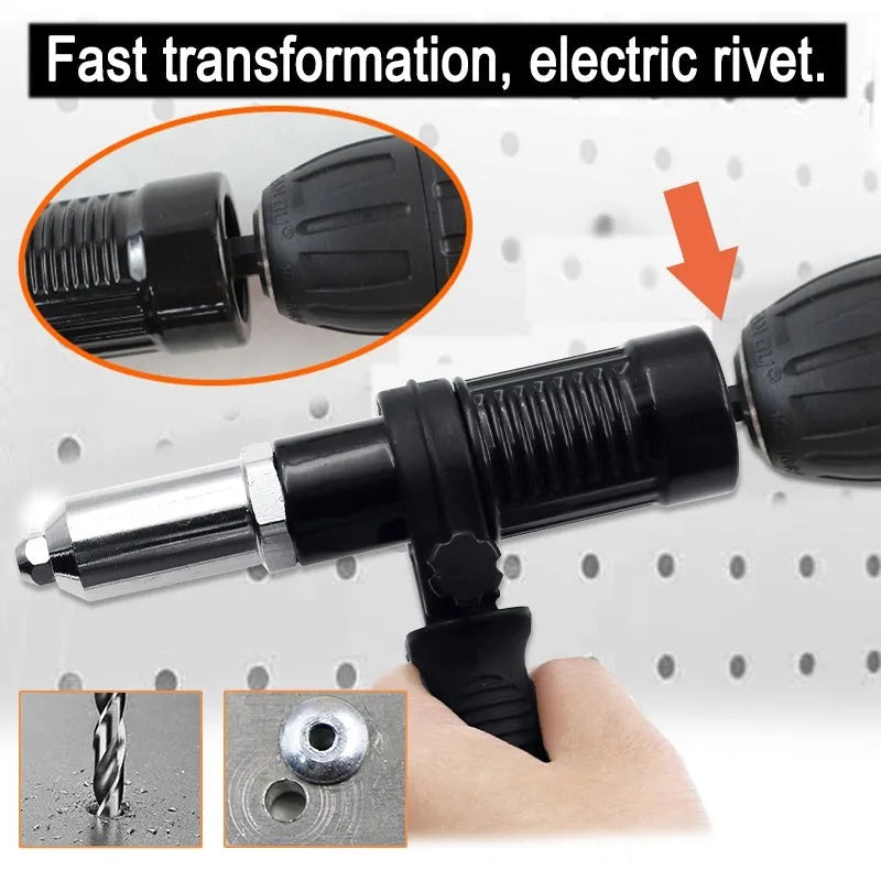 Black metal electric drill rivet gun attachment with alloy steel head, measuring 173mm long.