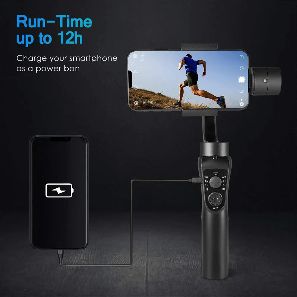 Black three-axis handheld gimbal stabilizer for mobile phones showing PTZ mechanism.