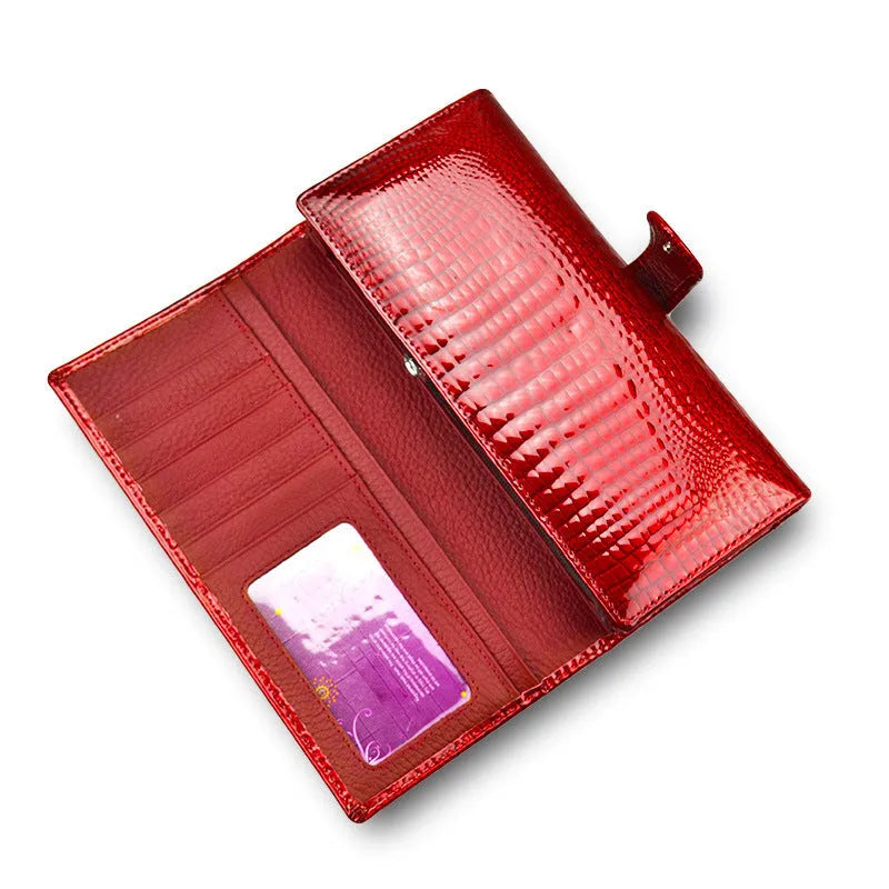 Women's patent leather coin purse with crocodile pattern design in wine red colour