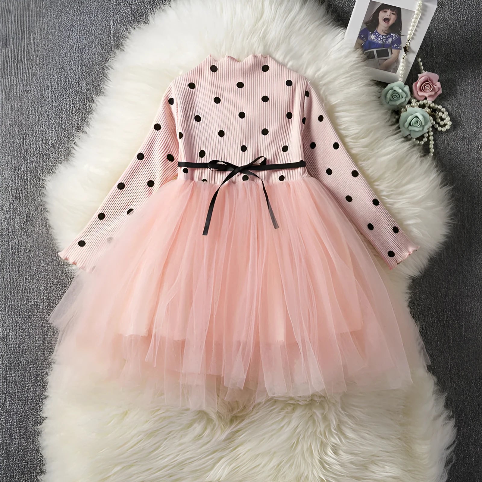 Baby girl's long sleeve lace tutu dress in black, pink or white for christenings and birthdays