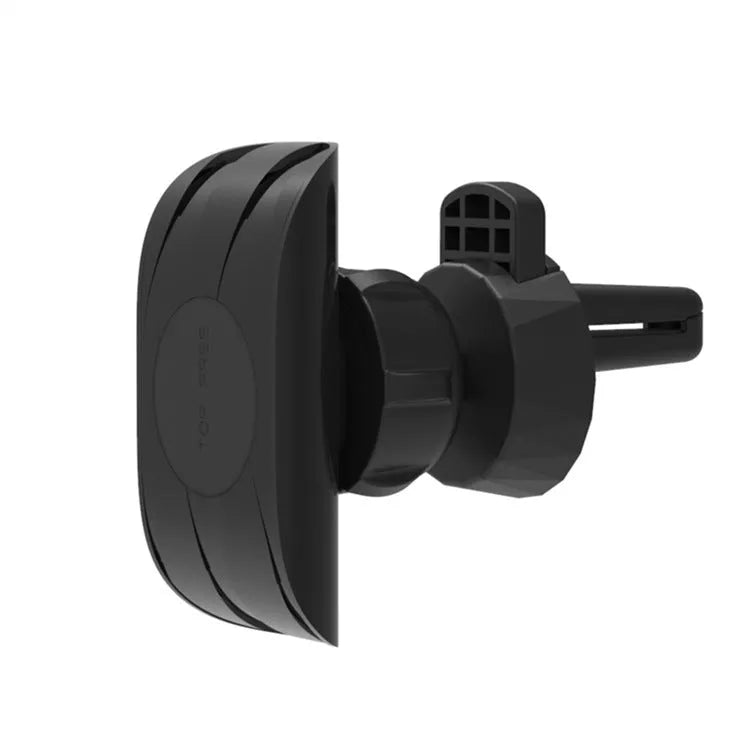 Glossy black car phone holder mounted on vehicle air vent holding smartphone