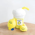 Yellow plush lemon tea cup pet toy with snack pocket, BB call squeaker, and separate cup component.