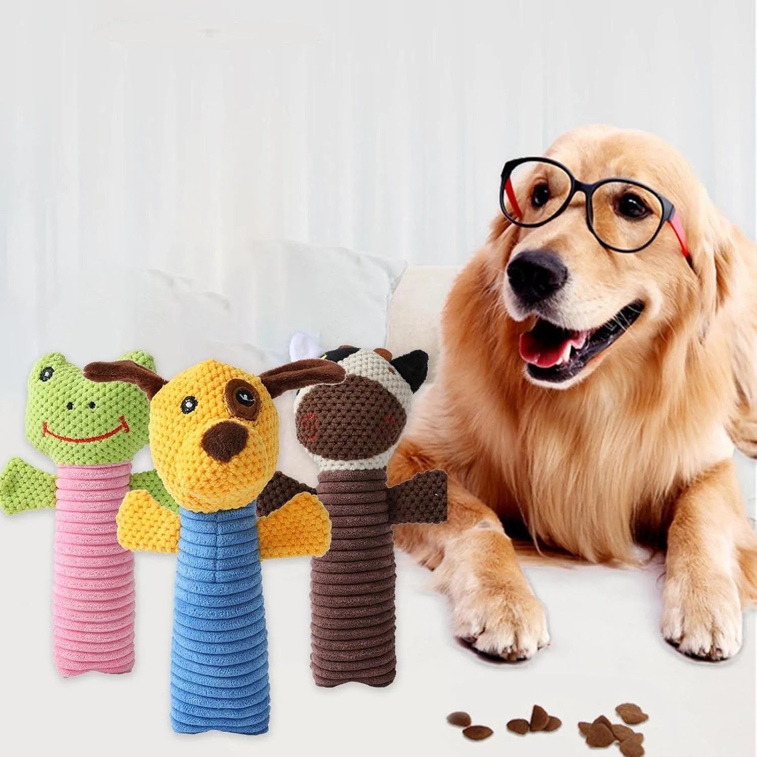 Plush dog squeaky chew toy in animal shape measuring 19cm long