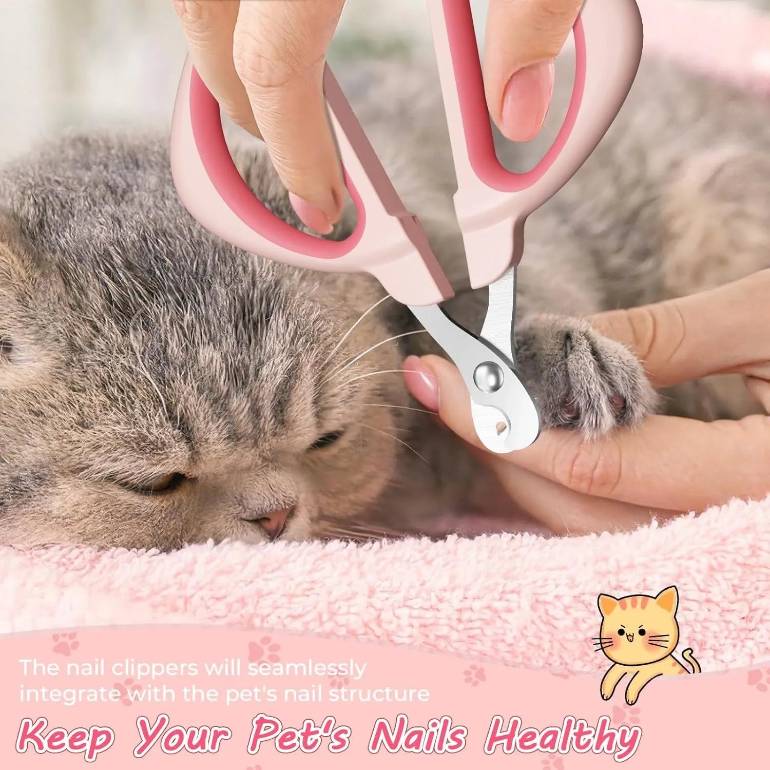 Blue pet nail clipper with a round positioning hole and textured handle on a white background.