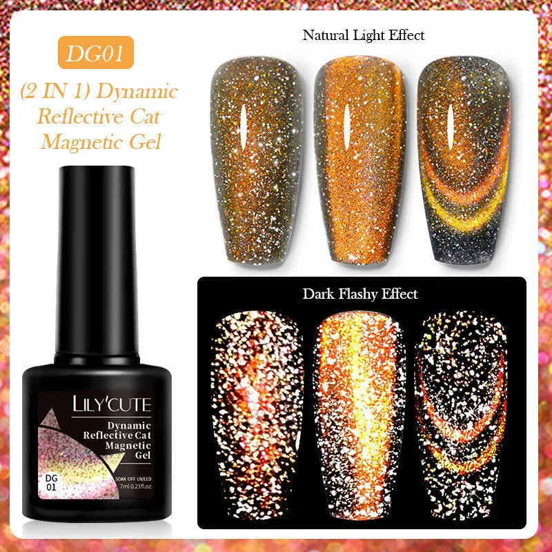 Cat eye nail polish gel with glitter and diamond fragments in six colour variations numbered 01 to 06