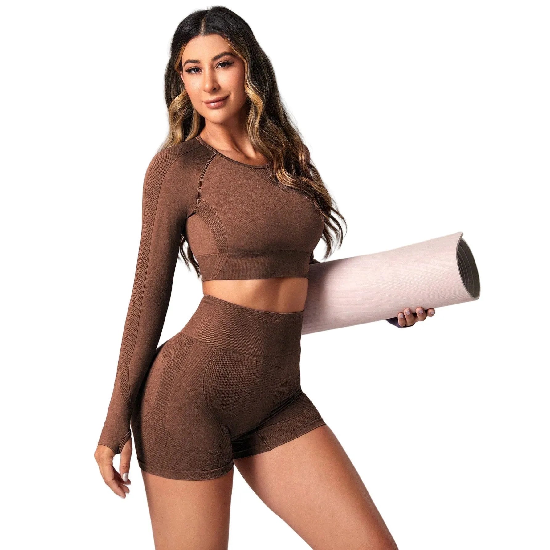 Women's black yoga suit set with high-waisted leggings and long sleeve top for fitness