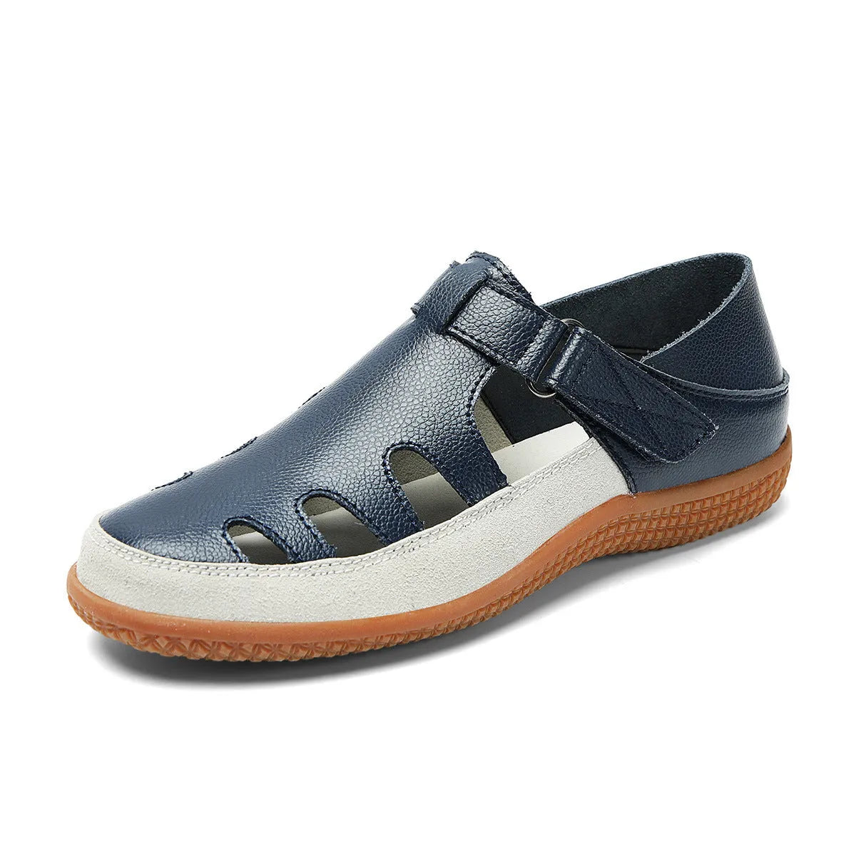 Women's plus size flat sandals in blue with hollow toe cap and breathable design on a thick rubber sole.