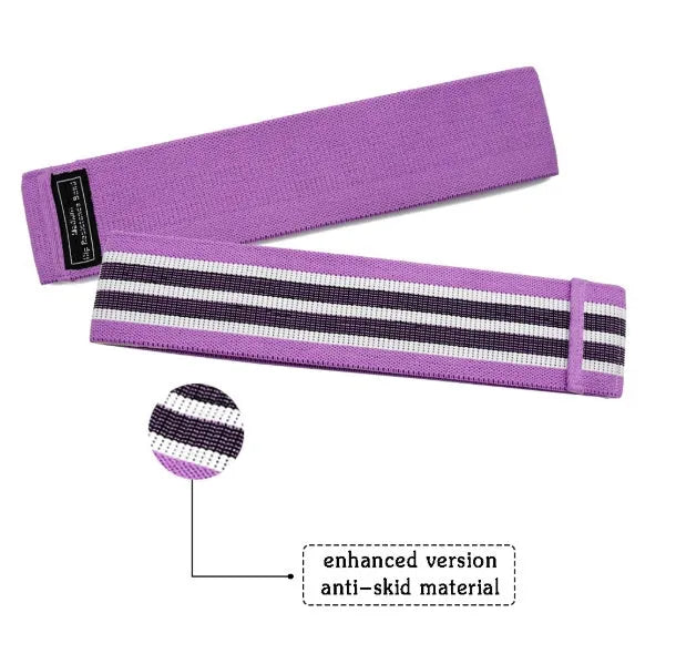 Set of three fabric resistance bands in lake blue, pink, and purple colours with mesh storage bag