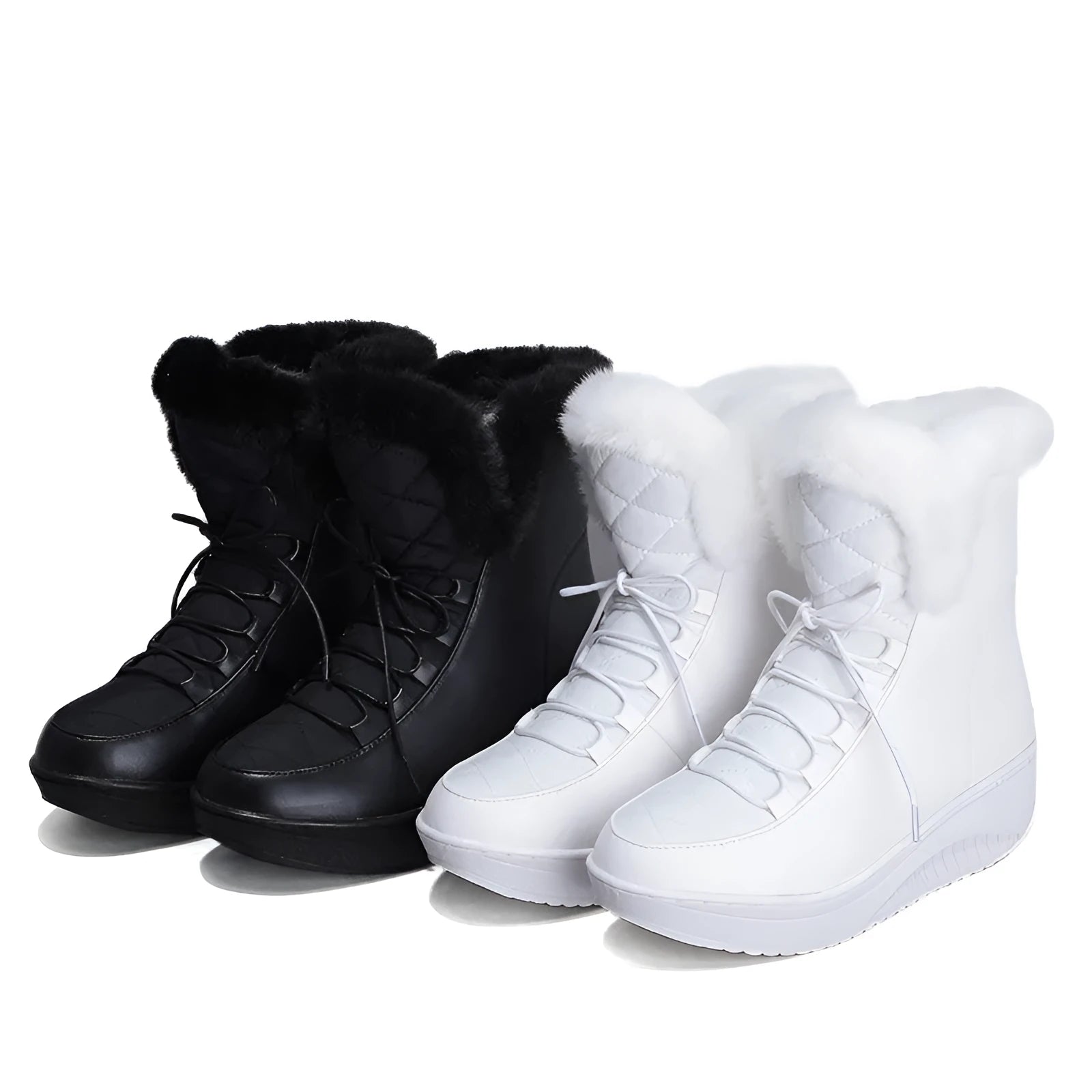 Women's black lace-up winter boots with a platform sole and plush lining on a wooden floor.